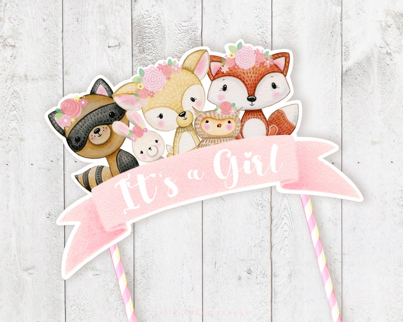 Woodland Animals Baby Shower Cake Topper, Baby Girl's 1st Birthday Cake Topper