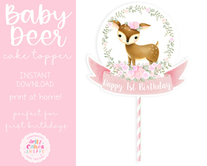 Printable Woodland Deer Cake Topper for Baby Girl's 1st Birthday