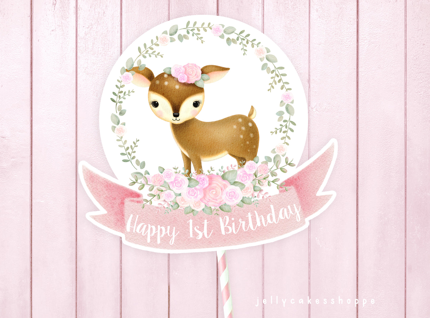 Printable Woodland Deer Cake Topper for Baby Girl's 1st Birthday