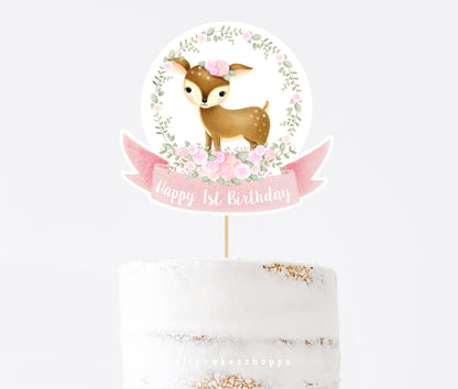 Printable Woodland Deer Cake Topper for Baby Girl's 1st Birthday