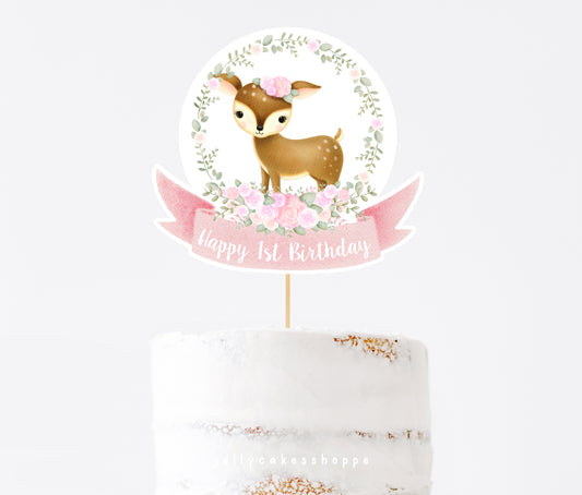 Printable Woodland Deer Cake Topper for Baby Girl's 1st Birthday