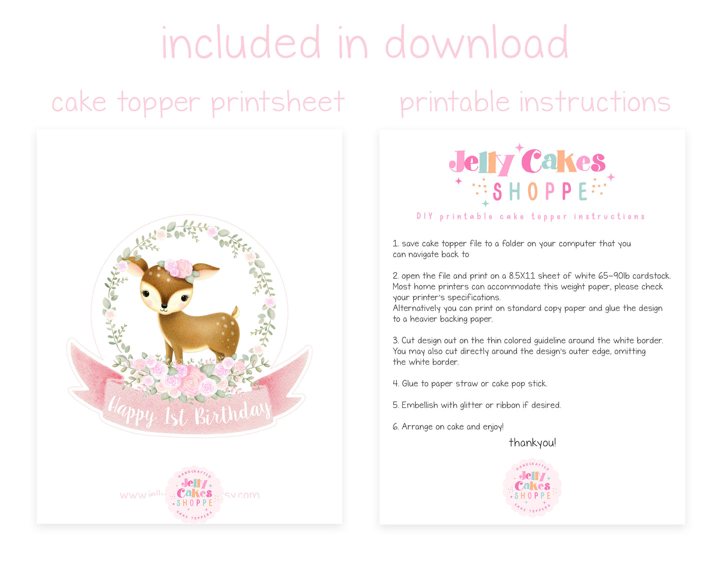 Printable Woodland Deer Cake Topper for Baby Girl's 1st Birthday