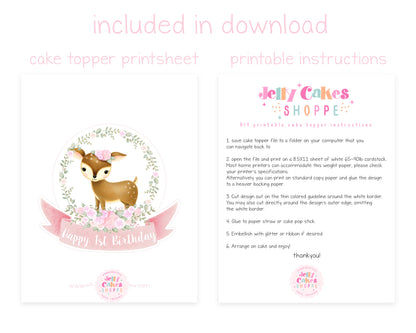 Printable Woodland Deer Cake Topper for Baby Girl's 1st Birthday