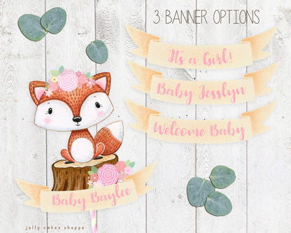 Woodland Fox Baby Shower Cake Topper for Girl, Woodland Birthday Cake Topper
