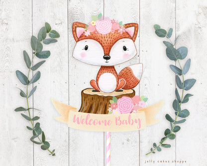 Woodland Fox Baby Shower Cake Topper for Girl, Woodland Birthday Cake Topper