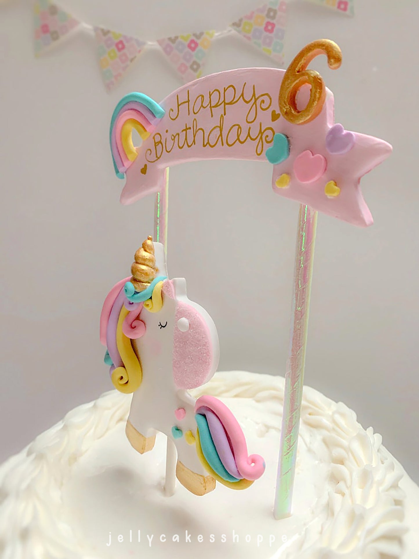 Unicorn Cake Topper with Pink Banner for Girl's Birthday