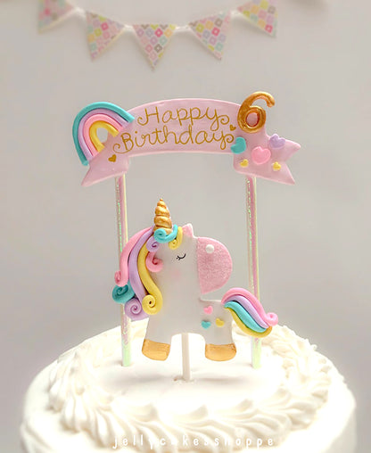 Unicorn Cake Topper with Pink Banner for Girl's Birthday