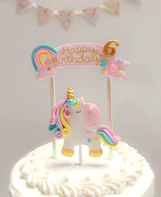 Unicorn Cake Topper with Pink Banner for Girl's Birthday