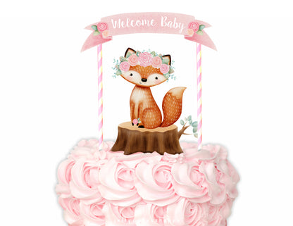 Fox Baby Shower Cake Topper for Girl, Woodland Birthday Cake Topper