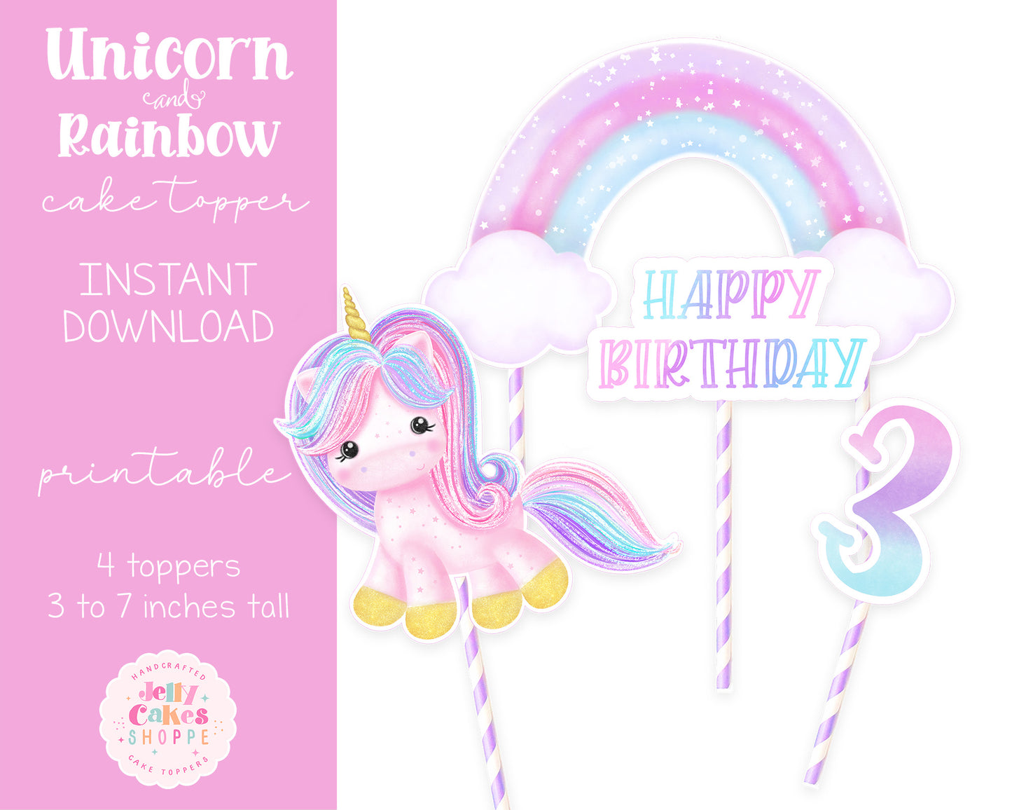 Printable Unicorn and Rainbow Cake Decorations
