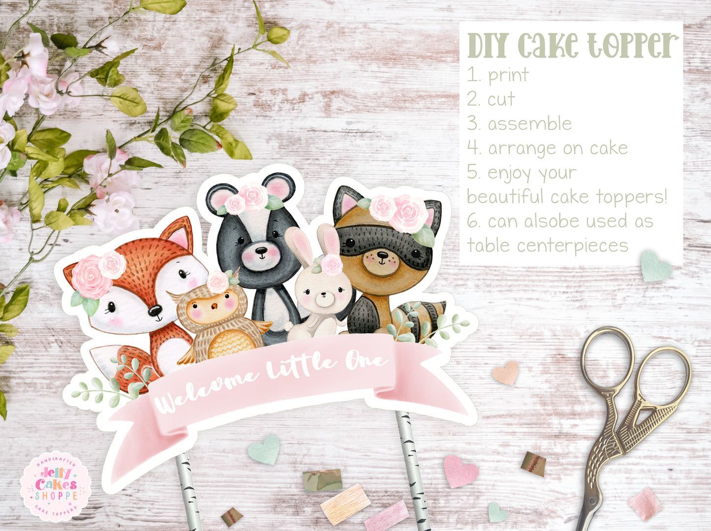 Printable Woodland Animals Cake Topper for Girl Baby Shower