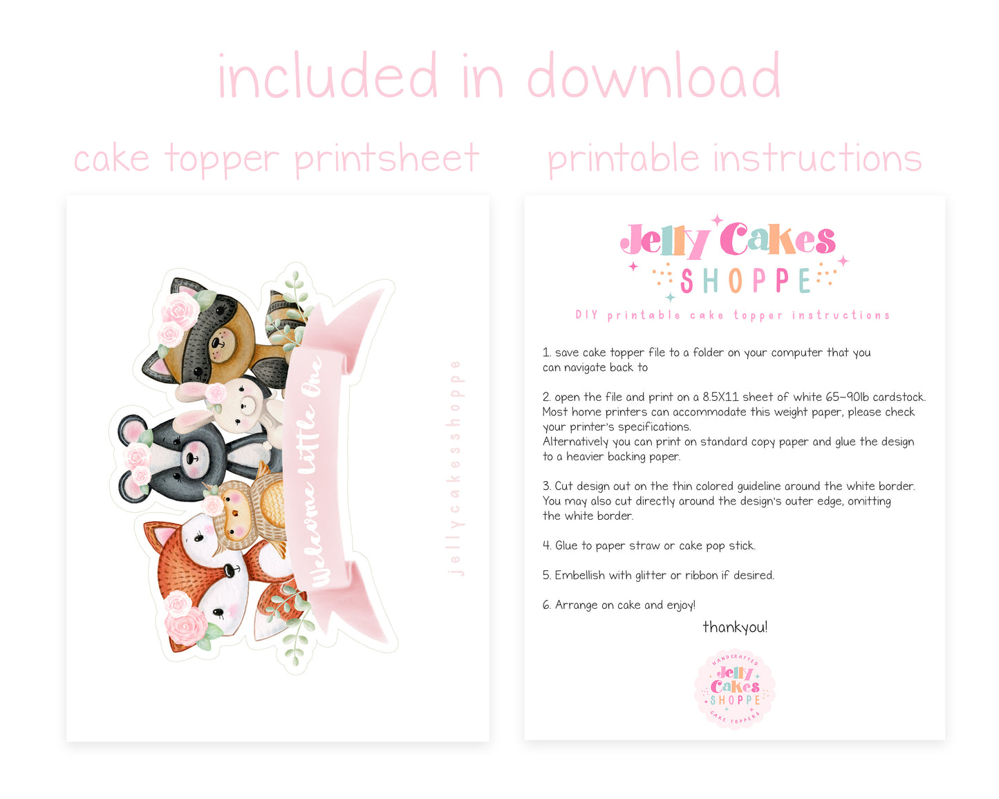 Printable Woodland Animals Cake Topper for Girl Baby Shower