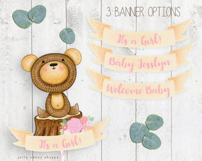 Woodland Bear Baby Shower Cake Topper for Girl, Baby Girl's 1st Birthday Cake Topper