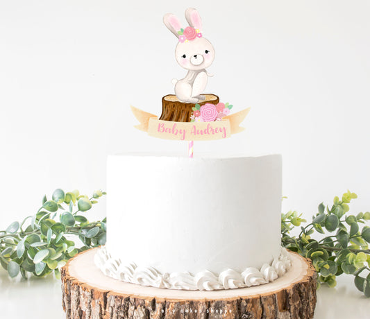 Woodland Bunny Baby Shower Cake Topper for Girl, Baby Girl's 1st Birthday Cake Topper