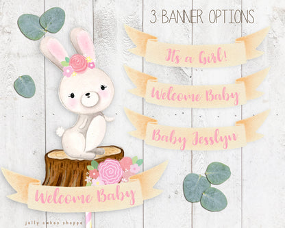 Woodland Bunny Baby Shower Cake Topper for Girl, Baby Girl's 1st Birthday Cake Topper