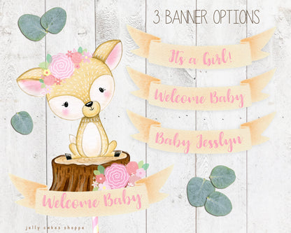 Woodland Deer Baby Shower Cake Topper for Girl, Baby Girl's 1st Birthday Cake Topper