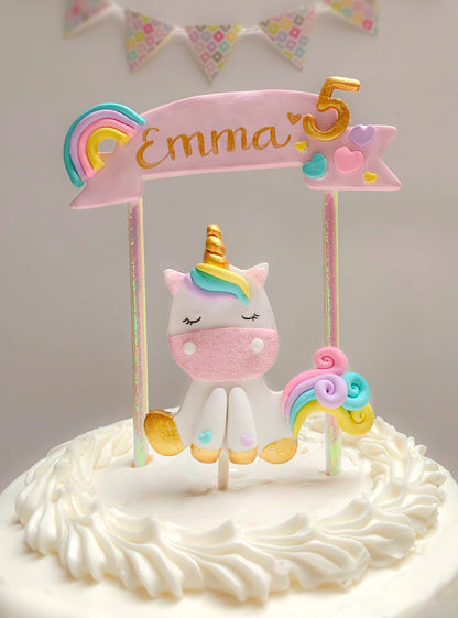 Rainbow Unicorn Cake Topper with Pink Banner