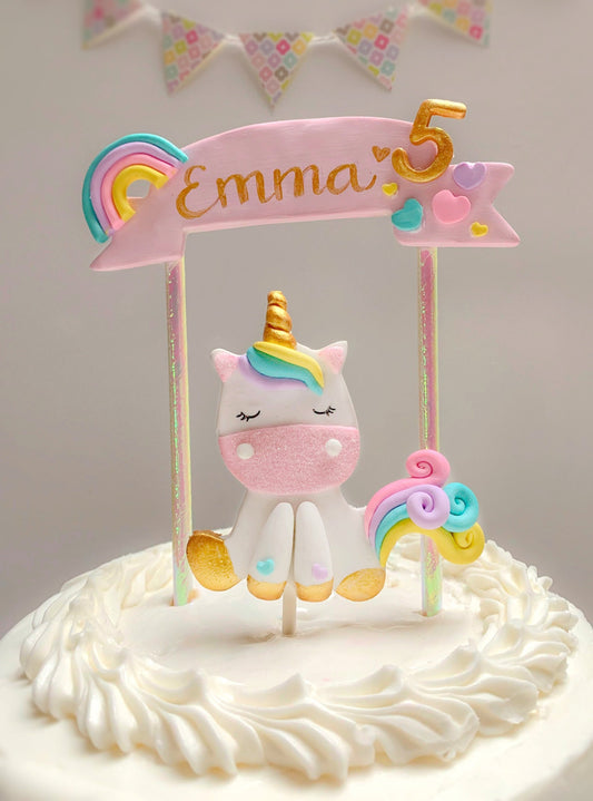 Rainbow Unicorn Cake Topper with Pink Banner