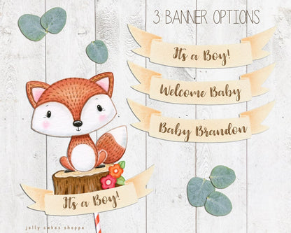 Woodland Fox Baby Shower Cake Topper, Fox 1st Birthday Cake Topper for Baby Boy