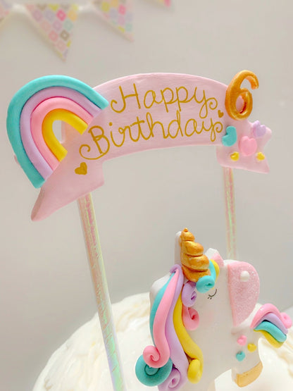 Happy Birthday Rainbow Unicorn Cake Topper with Banner