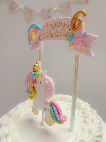 Happy Birthday Rainbow Unicorn Cake Topper with Banner