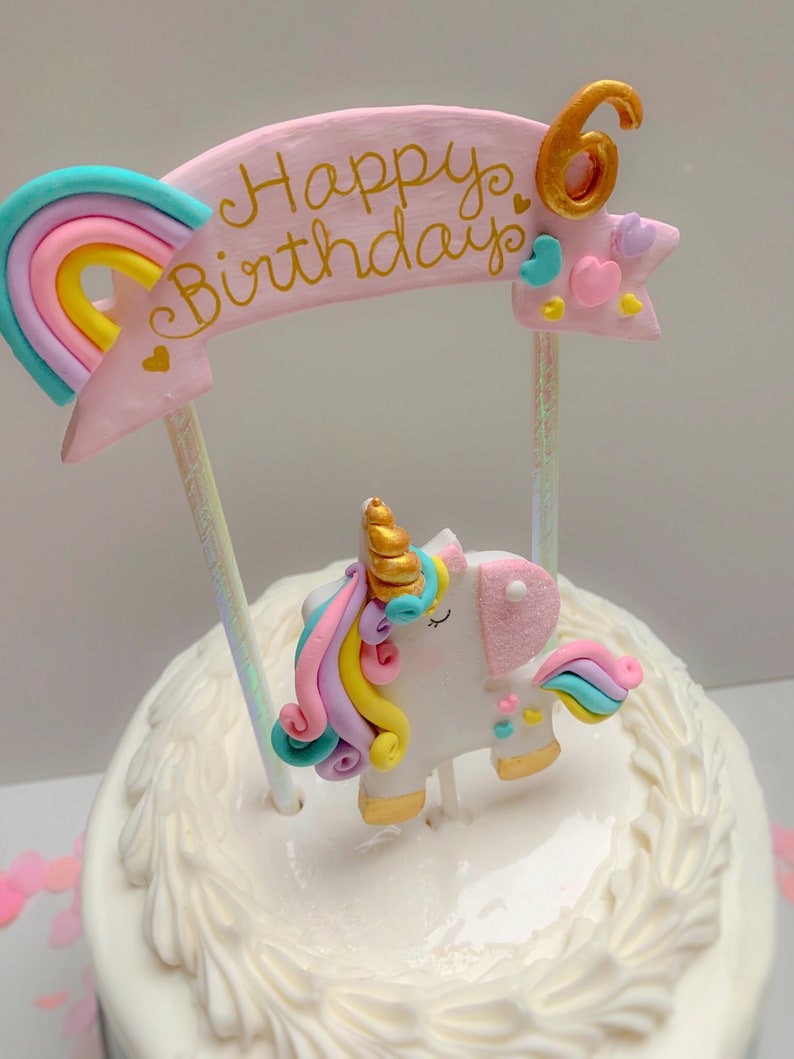 Happy Birthday Rainbow Unicorn Cake Topper with Banner