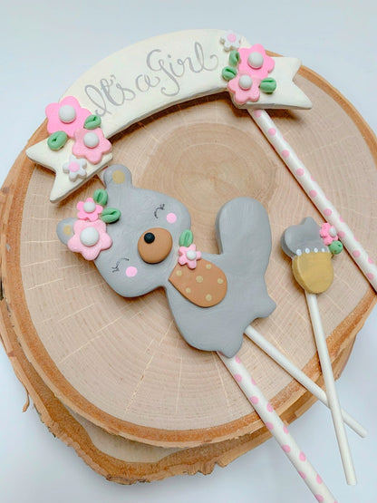 Woodland Animal Baby Shower Cake Topper for Girl, Cute Squirrel Cake Topper