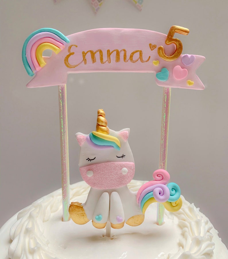 Rainbow Unicorn Cake Topper with Pink Banner