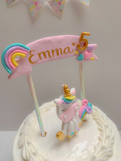 Rainbow Unicorn Cake Topper with Pink Banner
