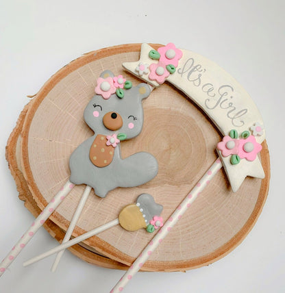 Woodland Animal Baby Shower Cake Topper for Girl, Cute Squirrel Cake Topper