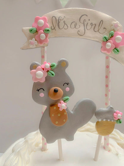 Woodland Animal Baby Shower Cake Topper for Girl, Cute Squirrel Cake Topper