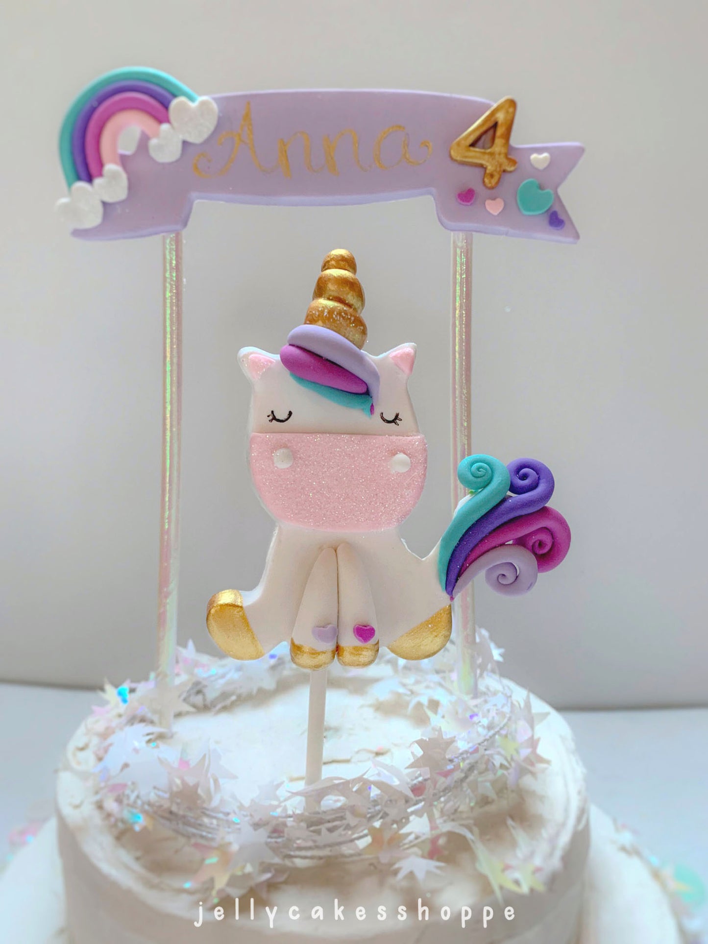 Rainbow Unicorn Cake Topper with Lavender Banner