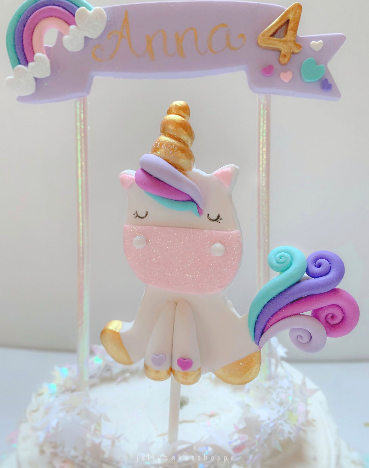 Rainbow Unicorn Cake Topper with Lavender Banner