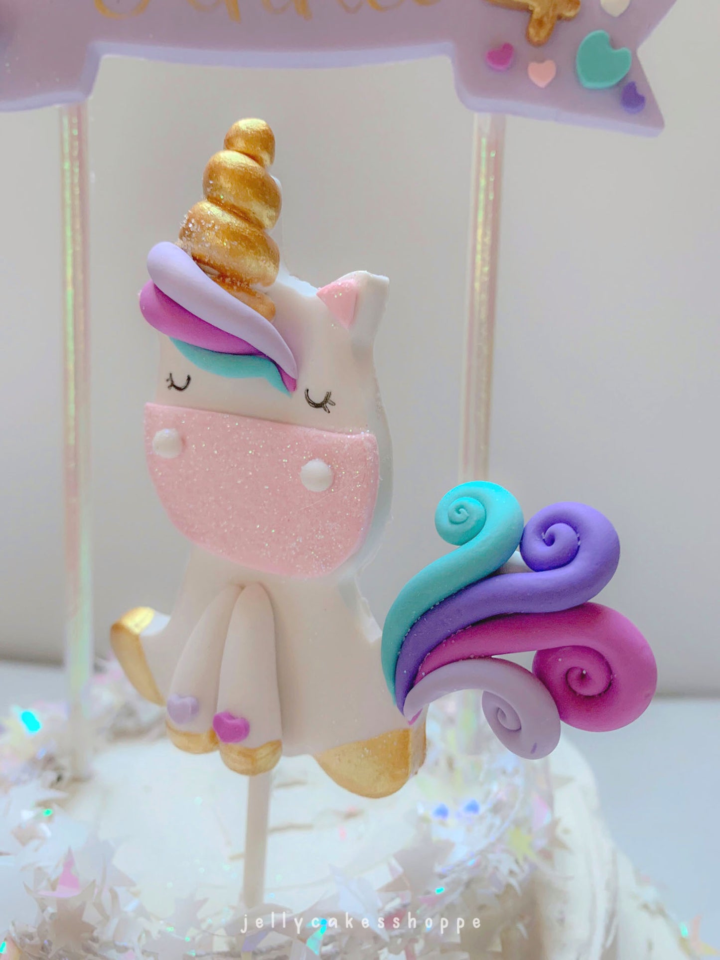 Rainbow Unicorn Cake Topper with Lavender Banner