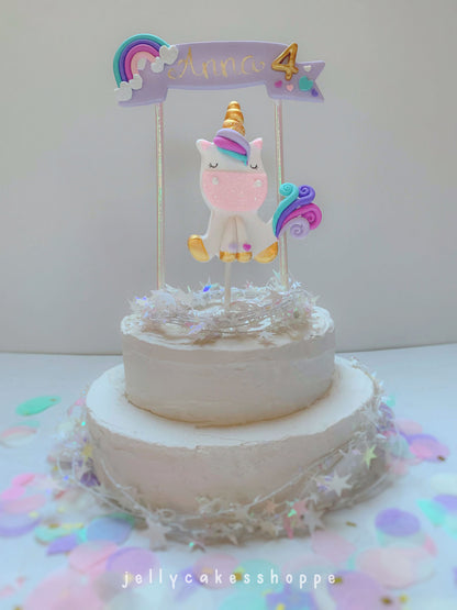Rainbow Unicorn Cake Topper with Lavender Banner