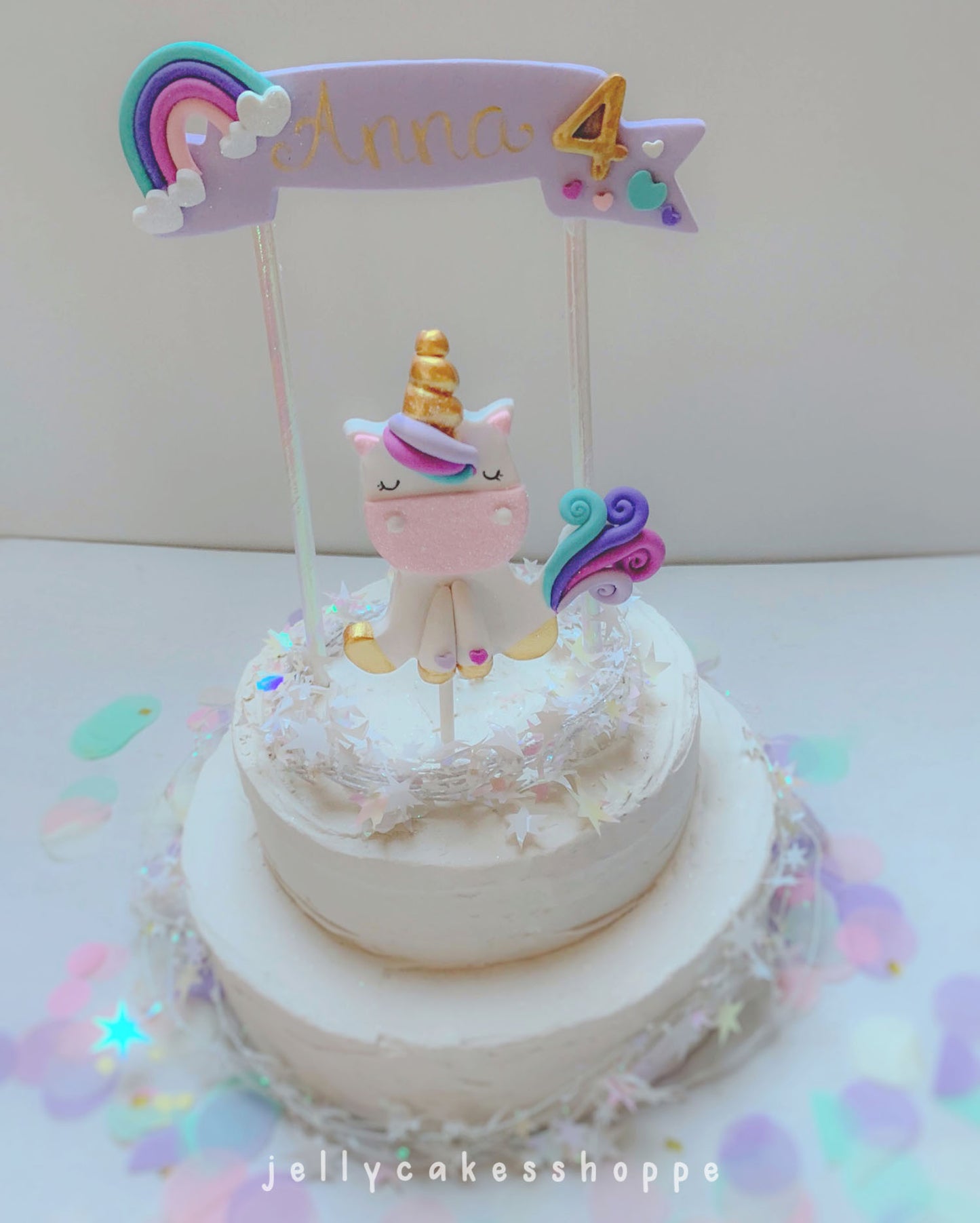 Rainbow Unicorn Cake Topper with Lavender Banner