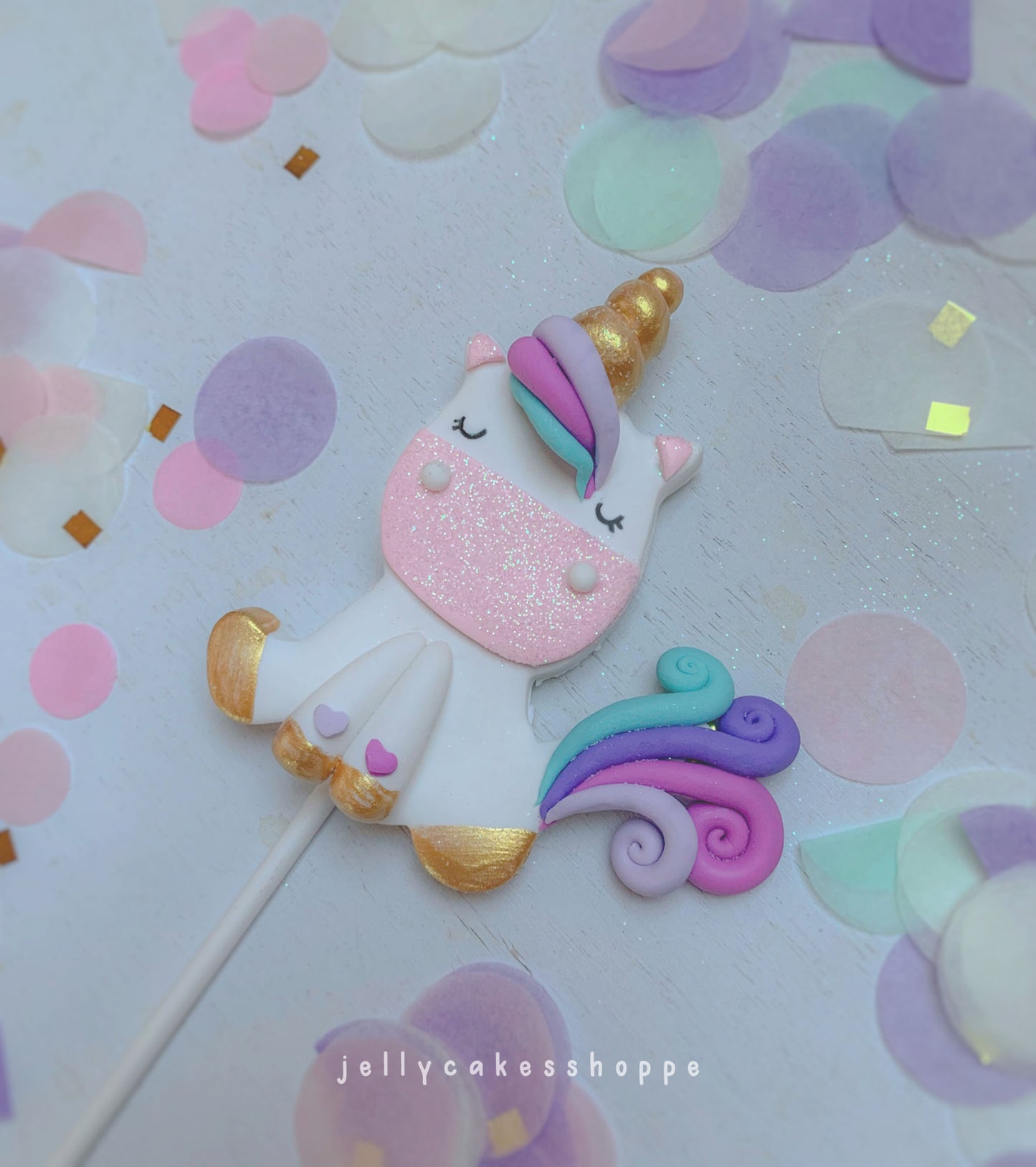 Rainbow Unicorn Cake Topper with Lavender Banner